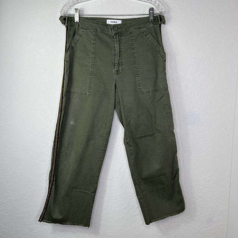Pistola Green Pants raw hem, tuxedo gold stripe on sides, size 28, cotton blend